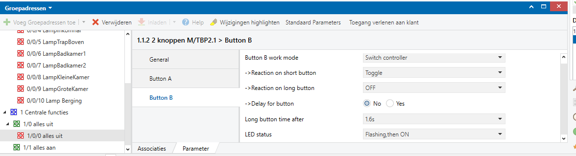 parameters van de knop